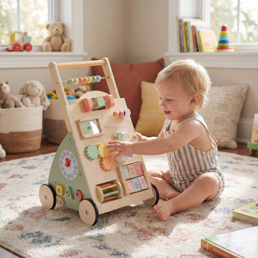 Wooden Baby Walker with Wheels and Storage Basket