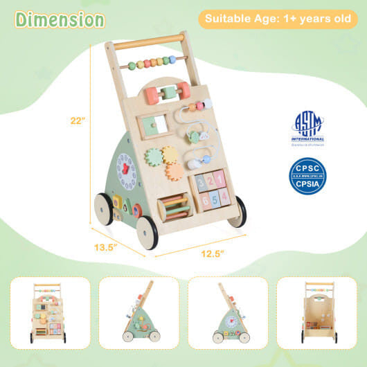 Wooden Baby Walker with Wheels and Storage Basket